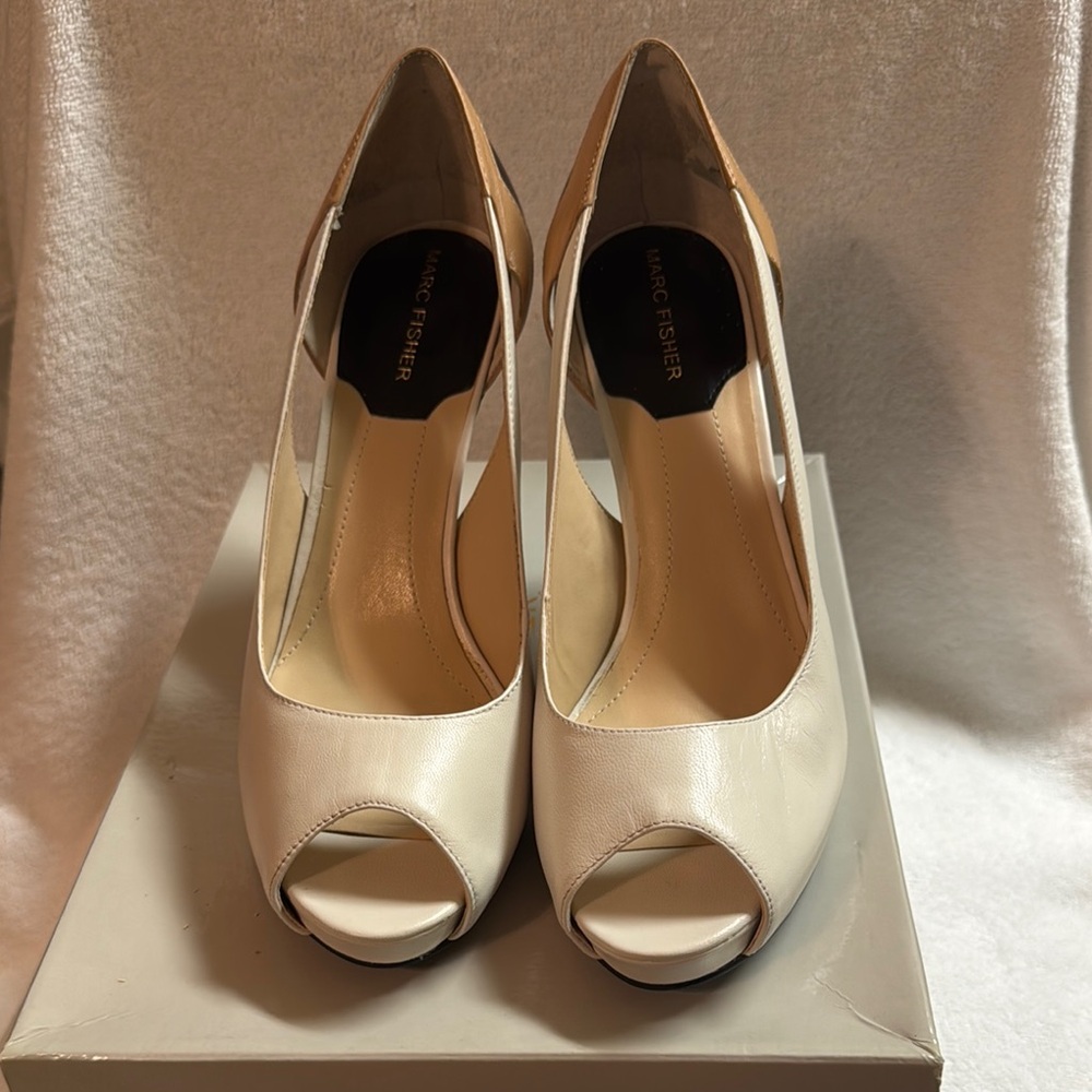 Marc Fisher Women's Cream Peep Toe Heels with a little black and tan.